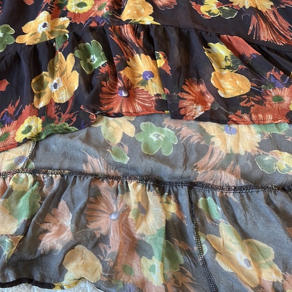 Blue Bird Floral Brown/Yellow Hem & Neckline Ruffle Waist Smocks Hig low Dress S - Picture 3 of 7